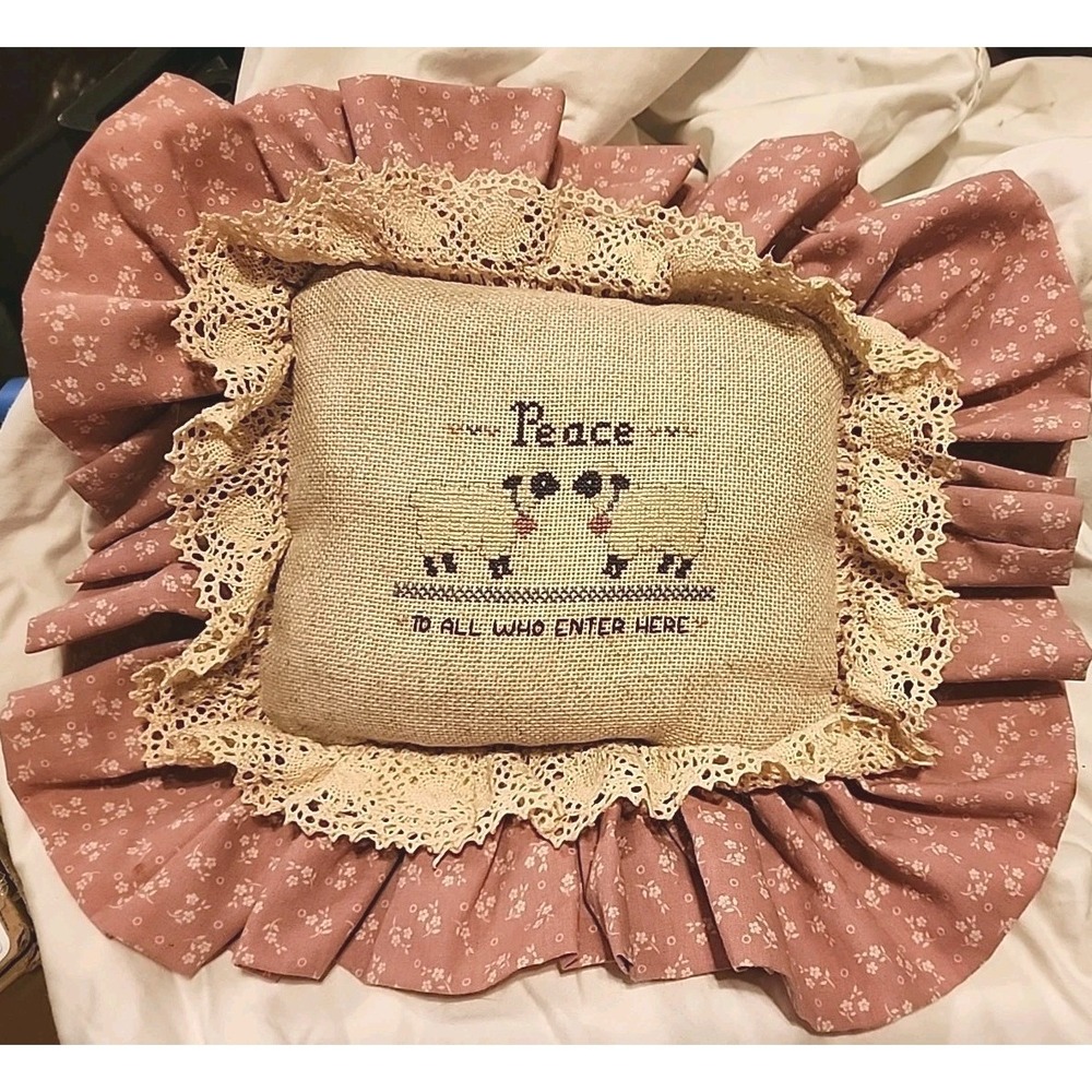 Vintage Cross Stitch Pillow Ruffled Granny Core Mauve Sheep 80s Lamb Grannycore
